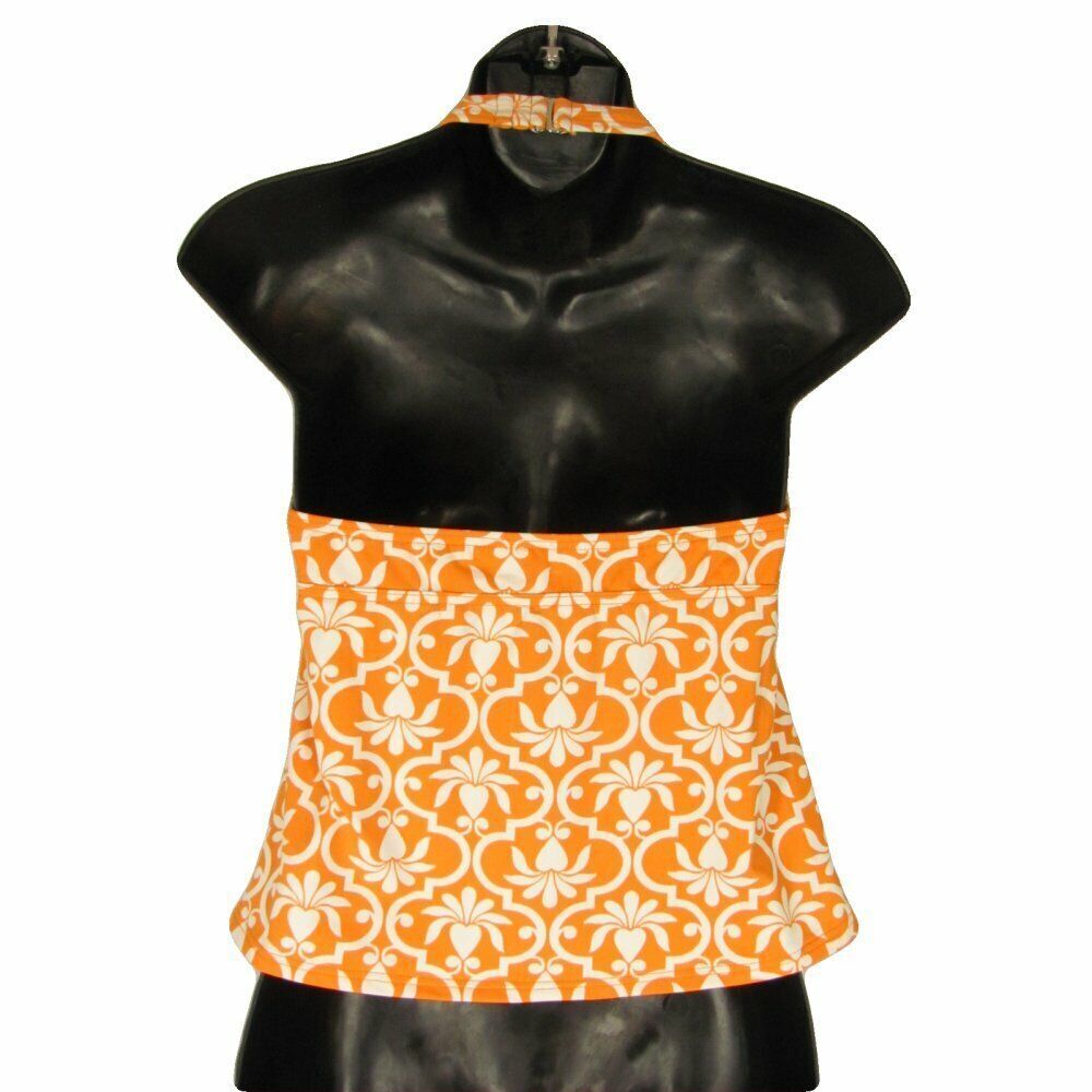 💐 Lands End Womens 6 Swimsuit Orange Lattice White Floral Tropical Tankini Top - Picture 4 of 5